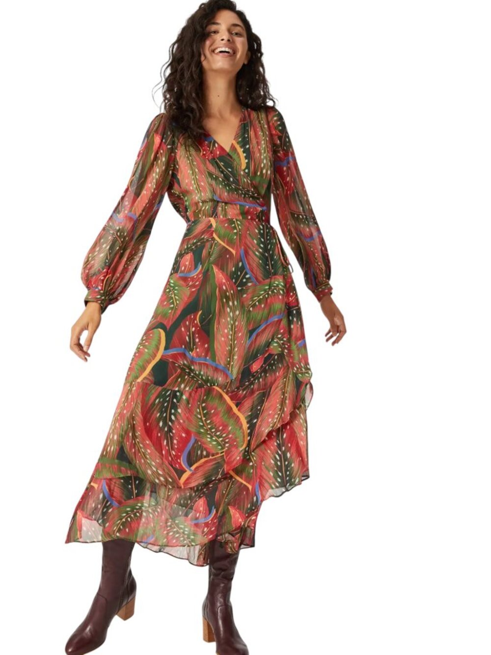 Farm Rio Plumas Long Sleeve Wrap Maxi Dress
